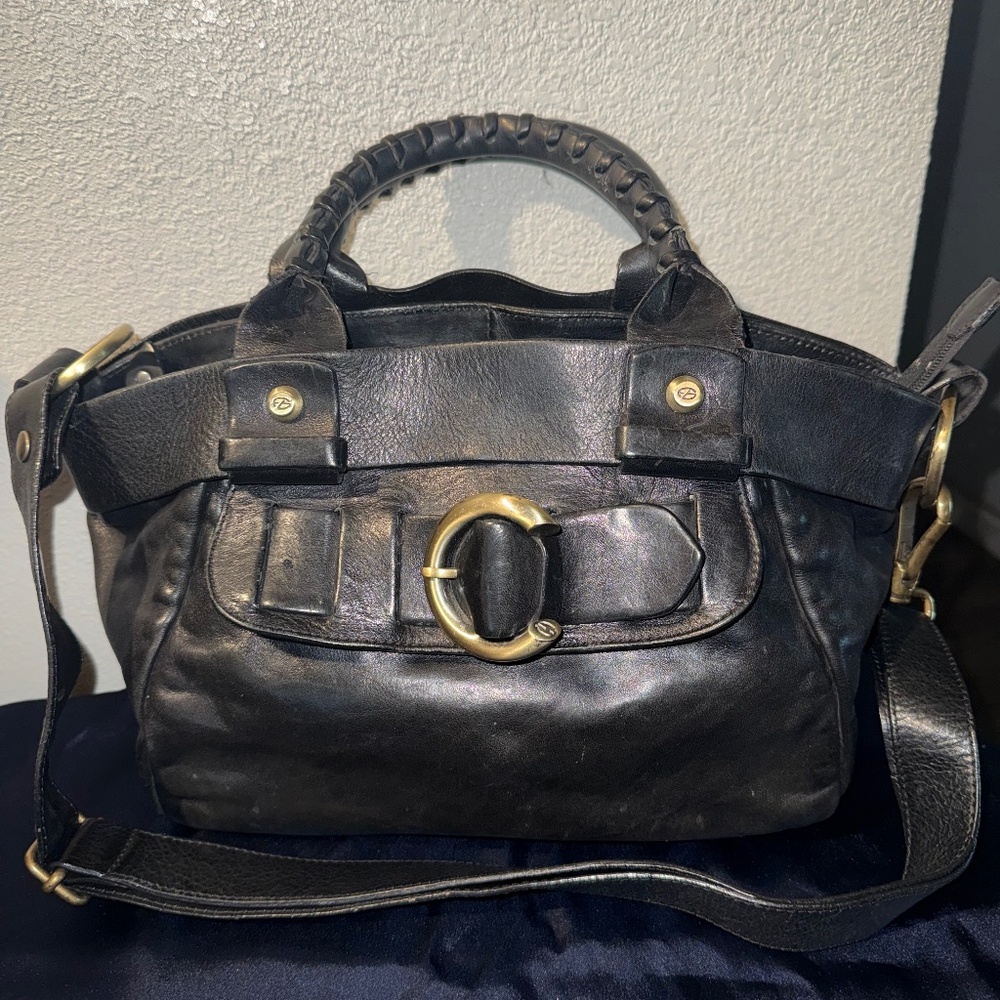 Francesca Biasia Black Leather Satchel Handbag EUC